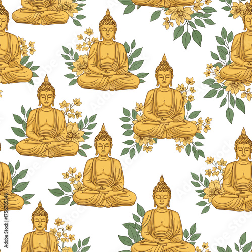 Golden buddha statues surrounded by yellow flowers and green leaves.