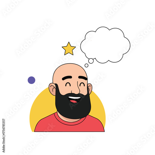 A happy bald man with a beard and a thought bubble above his head.