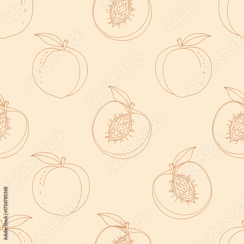 A simple repeating pattern of sketched peaches on a light peach background.