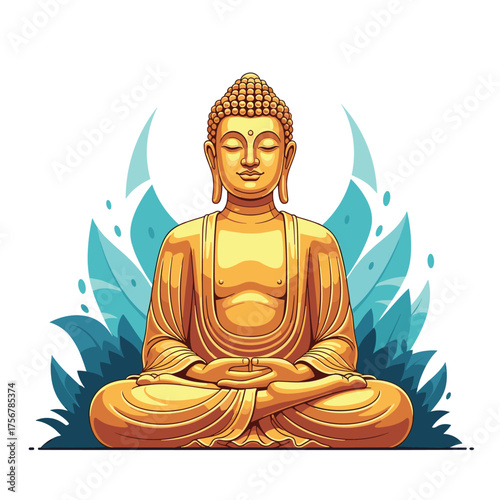 A golden statue of Buddha meditating peacefully in lotus position with soft blue leaves behind.