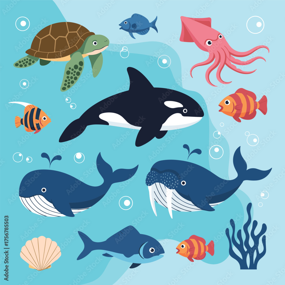 Obraz premium A vibrant underwater scene filled with diverse marine animals and aquatic plants.