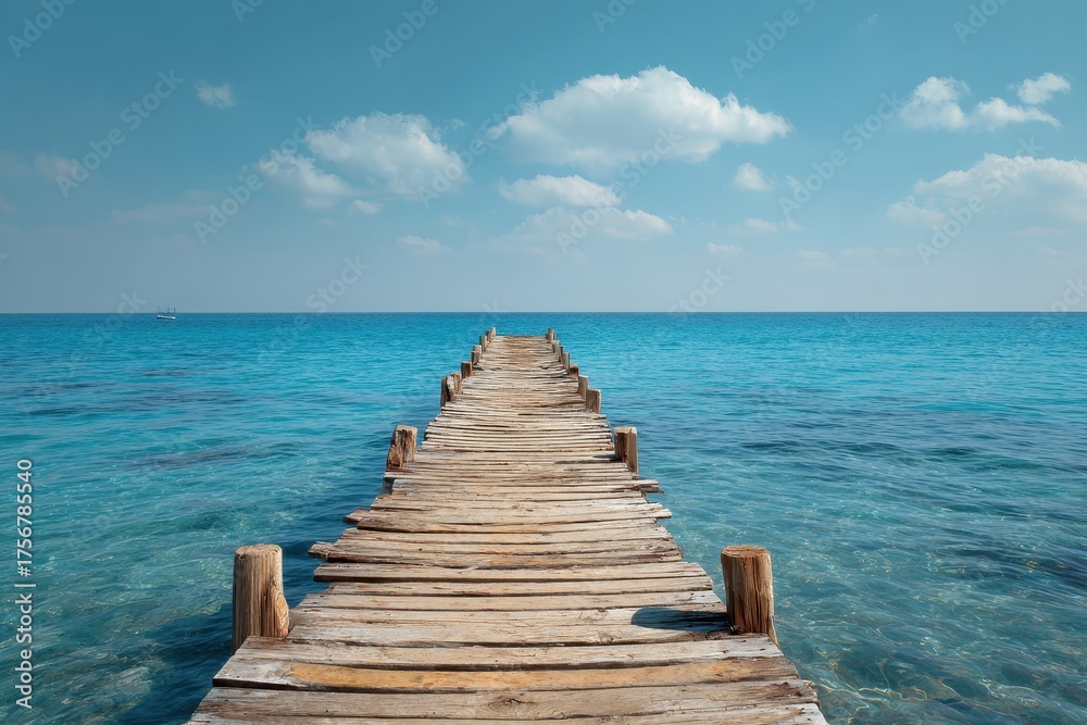 Fototapeta premium Wooden pier extending into the bright blue ocean under a clear sky for a serene coastal escape