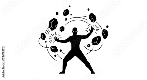 Silhouette of a person dynamically juggling a collection of abstract shapes and spheres emanating energy and motion isolated on white background