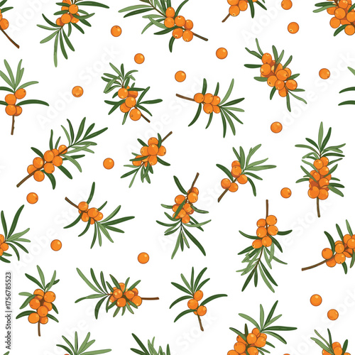 A pattern of sea buckthorn berries and leaves scattered across a white background.