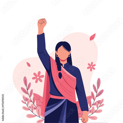 A woman wearing traditional Indian attire stands with her fist raised in a powerful protest.