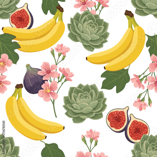 A vibrant seamless pattern featuring ripe bananas fresh figs and delicate pink flowers.