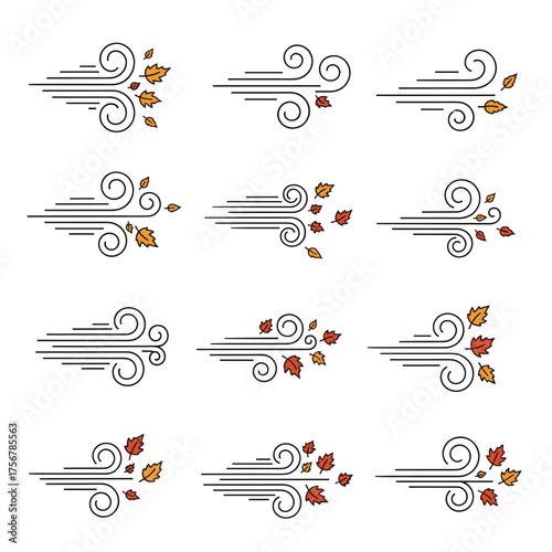 Illustrations of autumn leaves blowing in the wind.