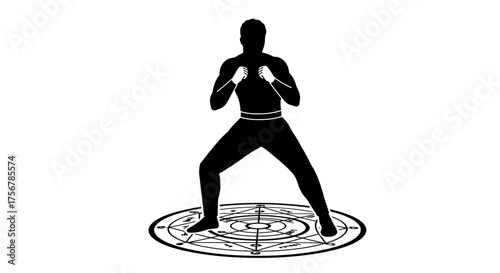 Martial arts silhouette ready to fight standing in a mystical circular arena with detailed engravings ready for combat isolated on white background