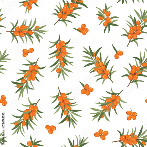 A vibrant pattern of sea buckthorn berries and their leaves.