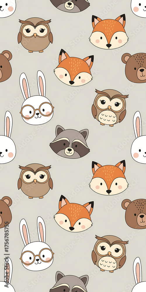 Obraz premium Cute woodland animals seamless pattern. Vertical illustration with cartoon fox, bear, owl, rabbit, and raccoon faces. Kids background for fabric or wallpaper