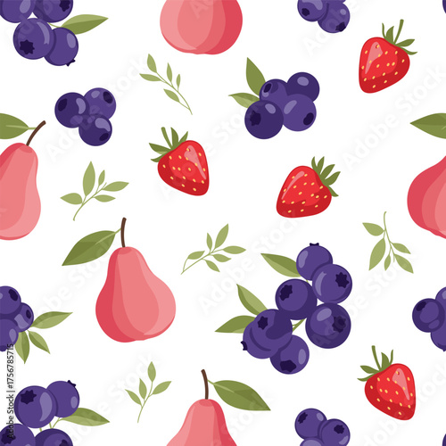 A delightful seamless pattern featuring ripe blueberries plump pears and juicy strawberries with delicate green leaves.