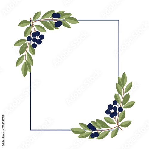 A decorative frame featuring a minimalist design with green leaves and dark blue berries.