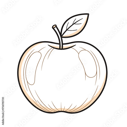 This is an illustration of a simple outline drawing of a fresh apple with a stem and leaf.