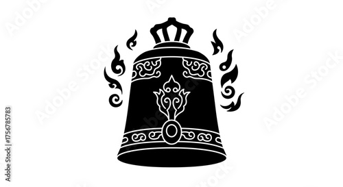 Ancient bell sacred symbol silhouette ornamental design majestic crown fire elements traditional eastern culture emblem isolated isolated on white background