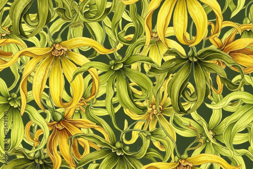 A watercolor illustrations of ylang-ylang flowers in varying stages of bloom