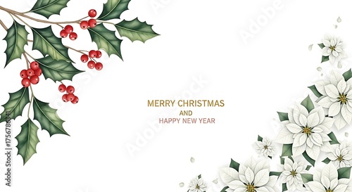 Elegant christmas greeting card design featuring a corner arrangement of vibrant red holly berries and green leaves on the left and delicate white poinsettias on the right with subtle text