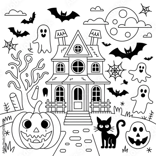 Halloween Haunted House Coloring Page for Kids - Ghosts, Bats, Cats, Pumpkins, Spooky Scene