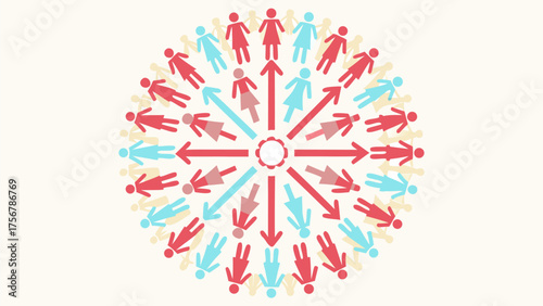 Circular arrangement of female figures in red and blue with arrows pointing inwards from the perimeter silhouette