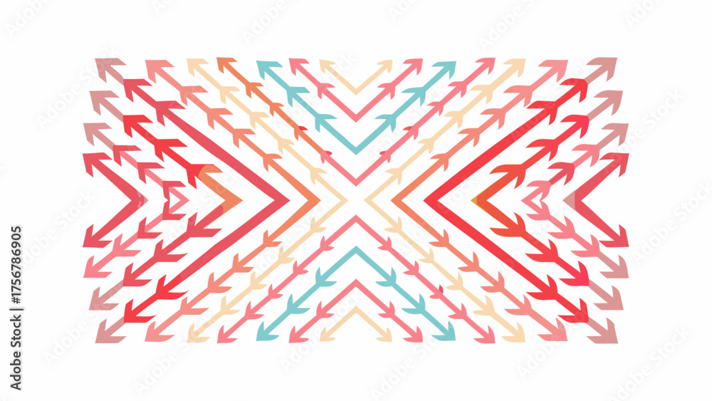 Obraz premium Colorful arrow pattern forming a symmetrical design with a central diamond shape and directional flow effect silhouette