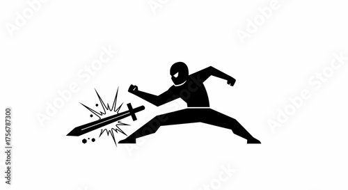 Dynamic silhouette of a martial artist in combat performing a sword strike action pose dynamic energy burst isolated on white background