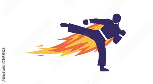Dynamic silhouette of martial artist performing a fiery side kick martial arts combat sports action fitness training exercise isolated on white background