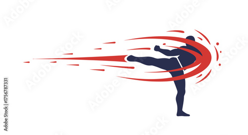 Dynamic martial arts fighter performing powerful high kick with streaking red and orange motion trails capturing speed and energy isolated on white background