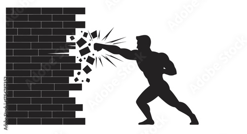Powerful silhouette boxer punches through brick wall symbolizing strength determination resilience overcoming obstacles and breaking barriers in sports and life isolated on white background