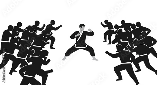 Martial arts master fights off swarm of attacking opponents in dynamic silhouette combat scene concept isolated on white background