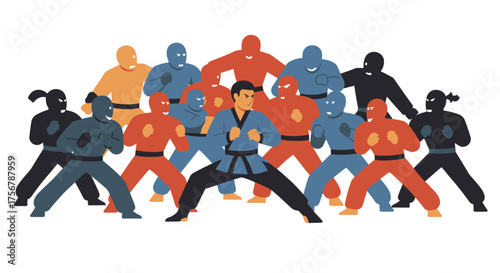 Diverse martial arts team poses for action ready for combat training and competitive sports displaying karate judo taekwondo and kung fu styles isolated on white background