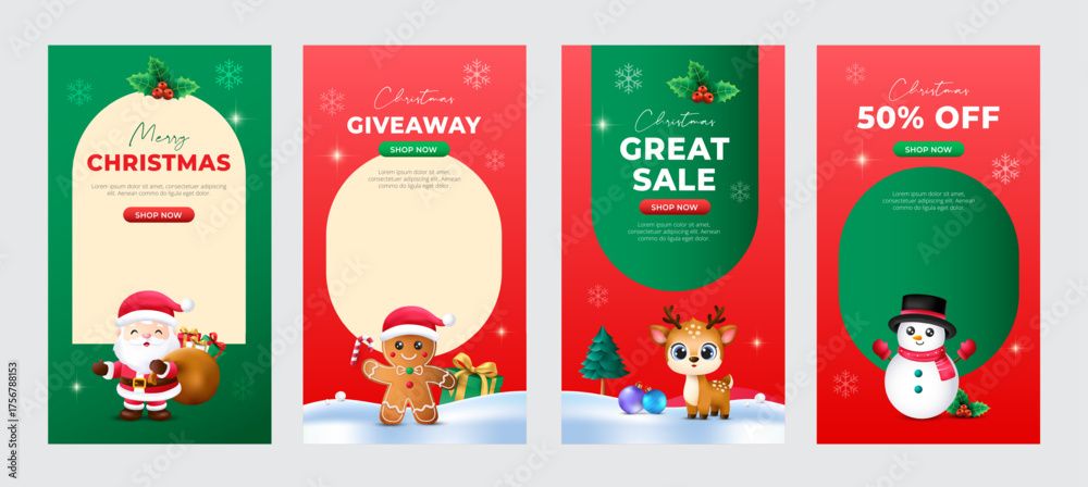 Fototapeta premium Cute christmas sale social media post template web banner collection. Vector illustration for greeting card, banner, marketing.