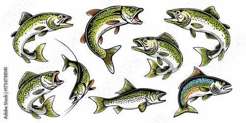 Collection of eight colorful illustrated trout fish in various dynamic poses on a white background