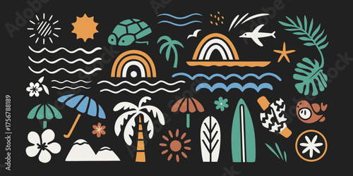 A vibrant collection of summer vacation and beach icons with a playful hand drawn style on a black background