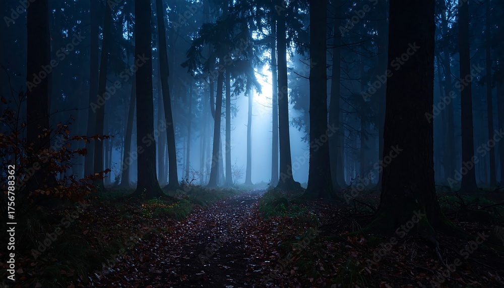 Fototapeta premium A mysterious, foggy path winds through a dark, dense forest