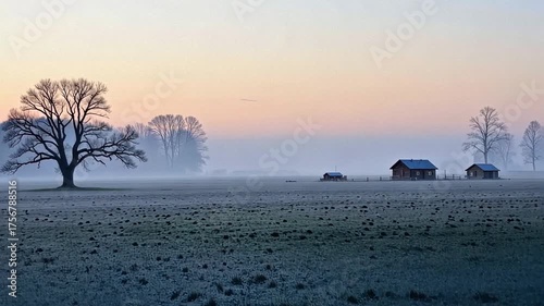 Serene Frosty Dawn Across Open Fields with Silhouetted Tree and Misty Horizon Creating Pastoral Tranquility and Rustic Charm