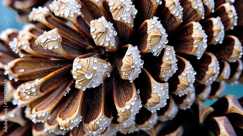 Close-Up Capture of Pine Cone with Morning Dew Drops Showcasing Textured Scales and Intricate Natural Patterns in Autumn Setting
