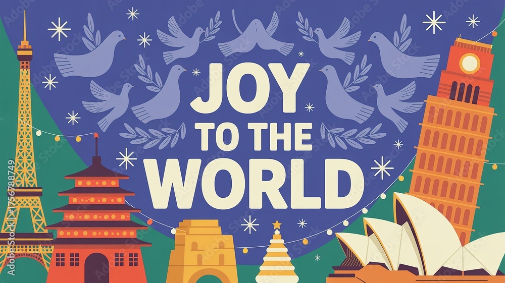 Fototapeta premium Global holiday celebration with iconic landmarks and peace doves