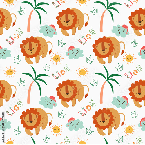 cute animal seamless pattern with sleeping lion, sun, and cloud elements. Pattern vector for kids fabric print.