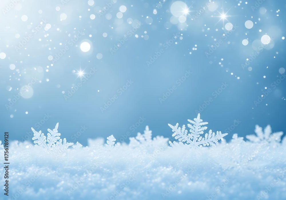 Naklejka premium Snowflake On Natural Snowdrift Close Up, Christmas And Winter Background