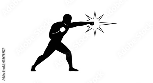 Dynamic silhouette boxer delivering powerful punch with starburst effect emphasizing impact strength martial arts combat sport action isolated on white background
