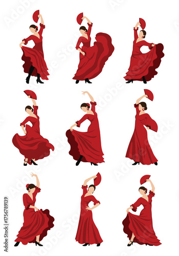 A collection of nine elegant flamenco dancers in vibrant red dresses gracefully performing their art.