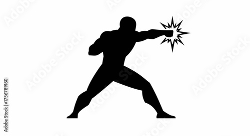 Dynamic silhouette of a muscular man punching forward with burst of energy symbolizing strength combat and martial arts action isolated on white background