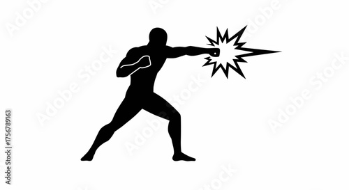 Dynamic silhouette of a powerful boxer delivering a knockout punch with explosive impact effect isolated on white isolated on white background