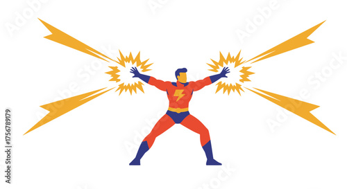 Dynamic superhero unleashing powerful energy beams with explosive comic book style sound effects and a sense of extreme strength isolated on white background