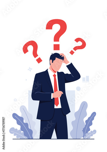 A businessman standing with a confused expression with question marks above his head.