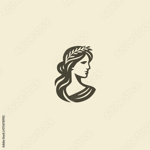 A beautiful and elegant illustration of a classical Greek goddess in profile, adorned with an olive wreath