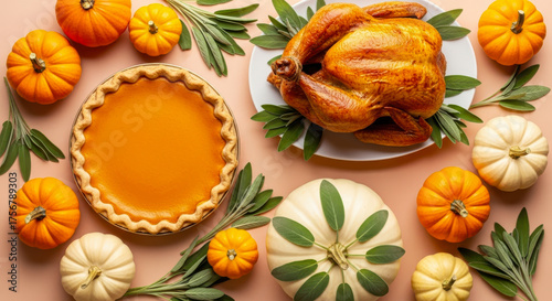 A topdown view of a thanksgiving spread with a roasted turkey, pumpkin pie, and various small pumpkins and gourds