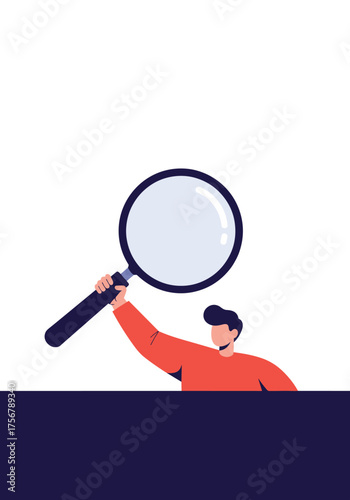 A person holds a magnifying glass looking for something and exploring the world around.