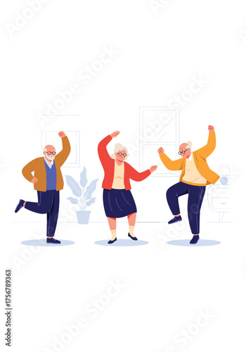 Joyful elderly people dancing together and celebrating life in a studio.
