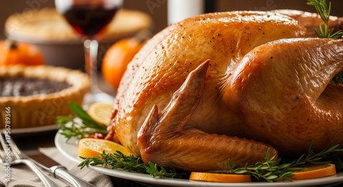 Closeup of a goldenbrown roasted turkey, garnished with herbs and citrus slices, ready for a festive meal