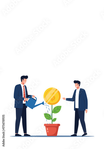 Two businessmen nurturing a money plant with a coin at the top.